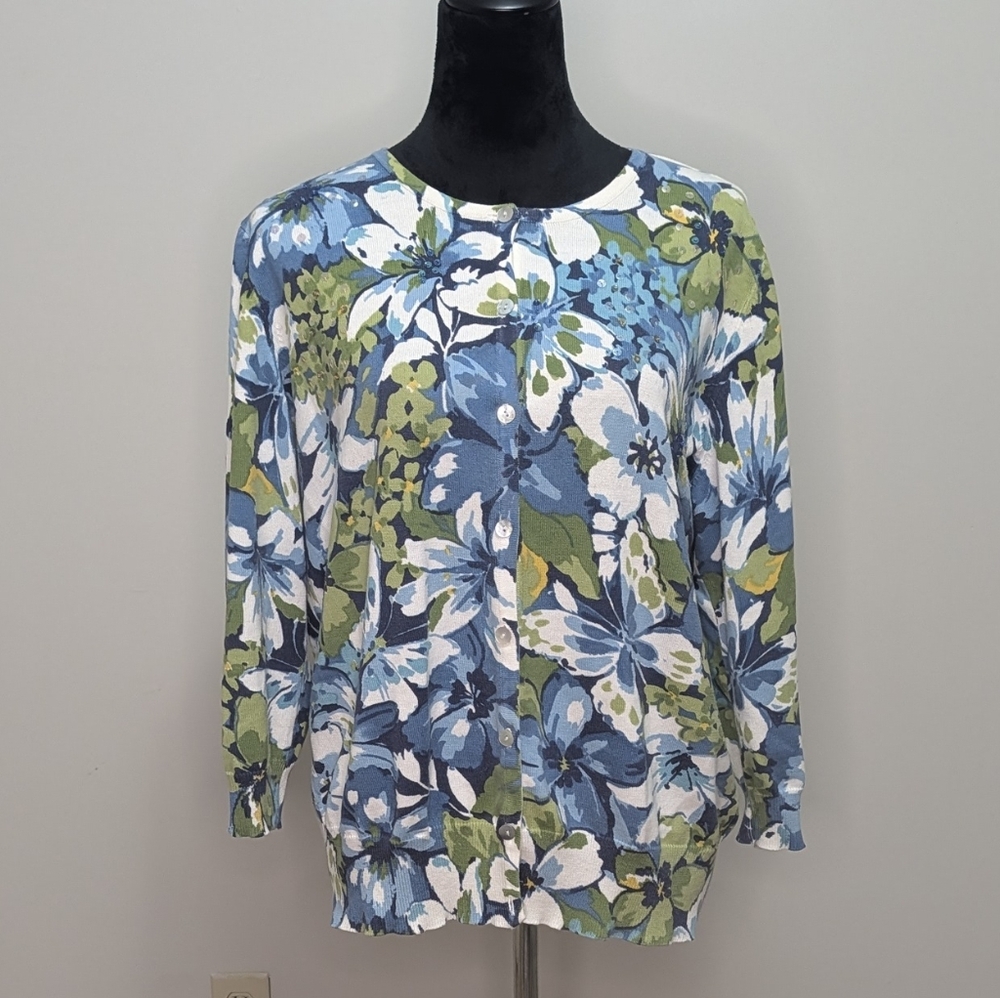 Aldred Dunner Floral Casual Top - Blue and Green Sz L